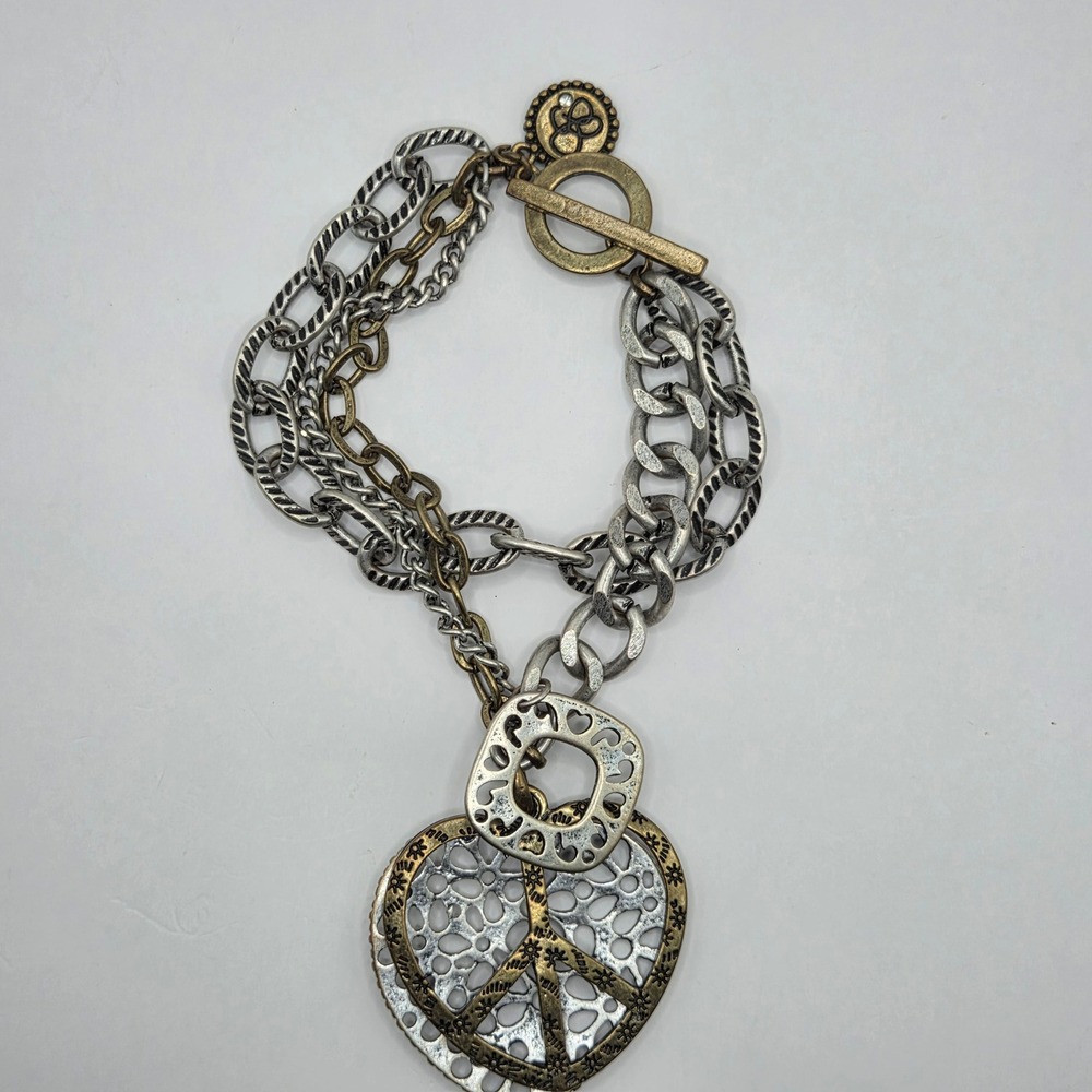 Jessica Simpson Mixed Metal Peace Sign Multi Chain Charm Bracelet Toggle Boho